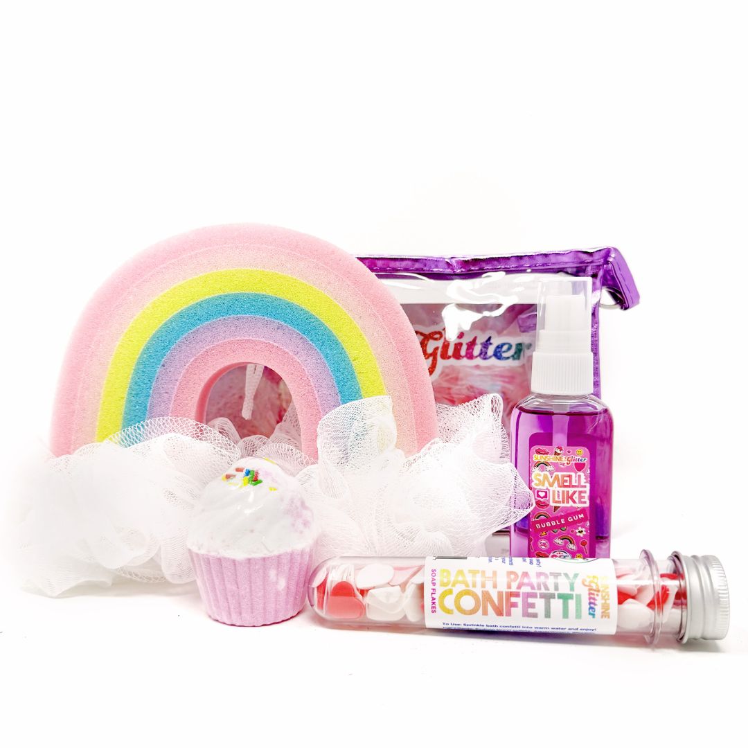 Confetti Bath Party Gift Set – includes bath confetti soap, pink cupcake bath bomb, bubblegum-scented body spray (2 fl oz), and a rainbow loofah in a purple metallic cosmetic tote
Confetti Bath Party Gift Set – fun bath set with confetti soap, cupcake bath bomb, bubblegum body spray, and rainbow loofah in a shiny purple tote
Confetti Bath Party Gift Set – colorful self-care set with bubbly confetti soap, pink bath bomb, 2 fl oz bubblegum body spray, and rainbow loofah in metallic purple bag
Confetti Bath