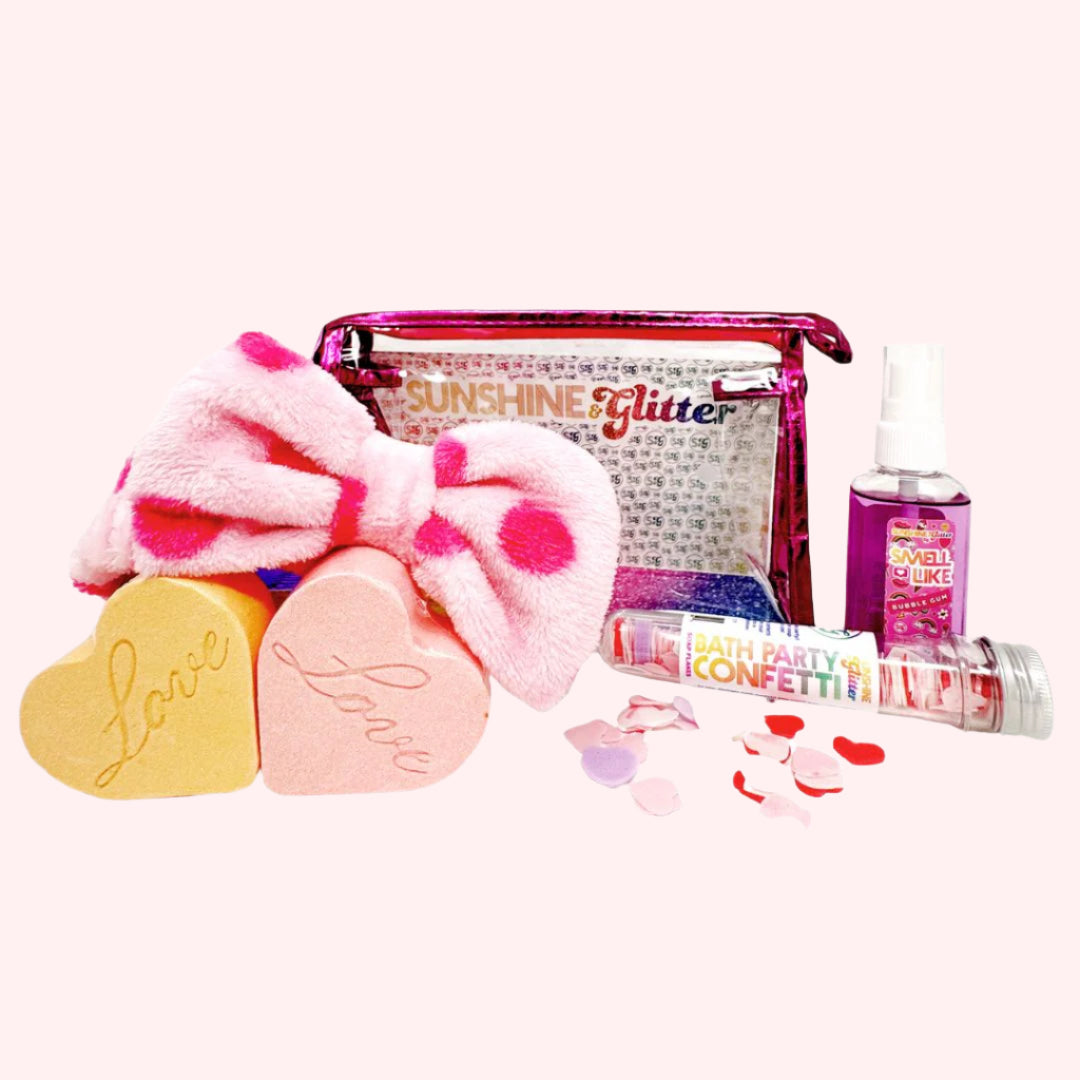Love You Lots Bath Bomb Gift Set – includes two heart-shaped bath bombs, plush spa bow headband, bath confetti soap, and bubblegum body spray, all tucked in a pink cosmetic bag
Love You Lots Bath Bomb Gift Set – heart-shaped bath bombs, spa bow headband, bath confetti soap, and bubblegum body spray in a pink cosmetic bag, perfect for pampering
Love You Lots Bath Bomb Gift Set – includes relaxing bath bombs, plush headband, bath confetti soap, and bubblegum body spray, packaged in a pink cosmetic bag