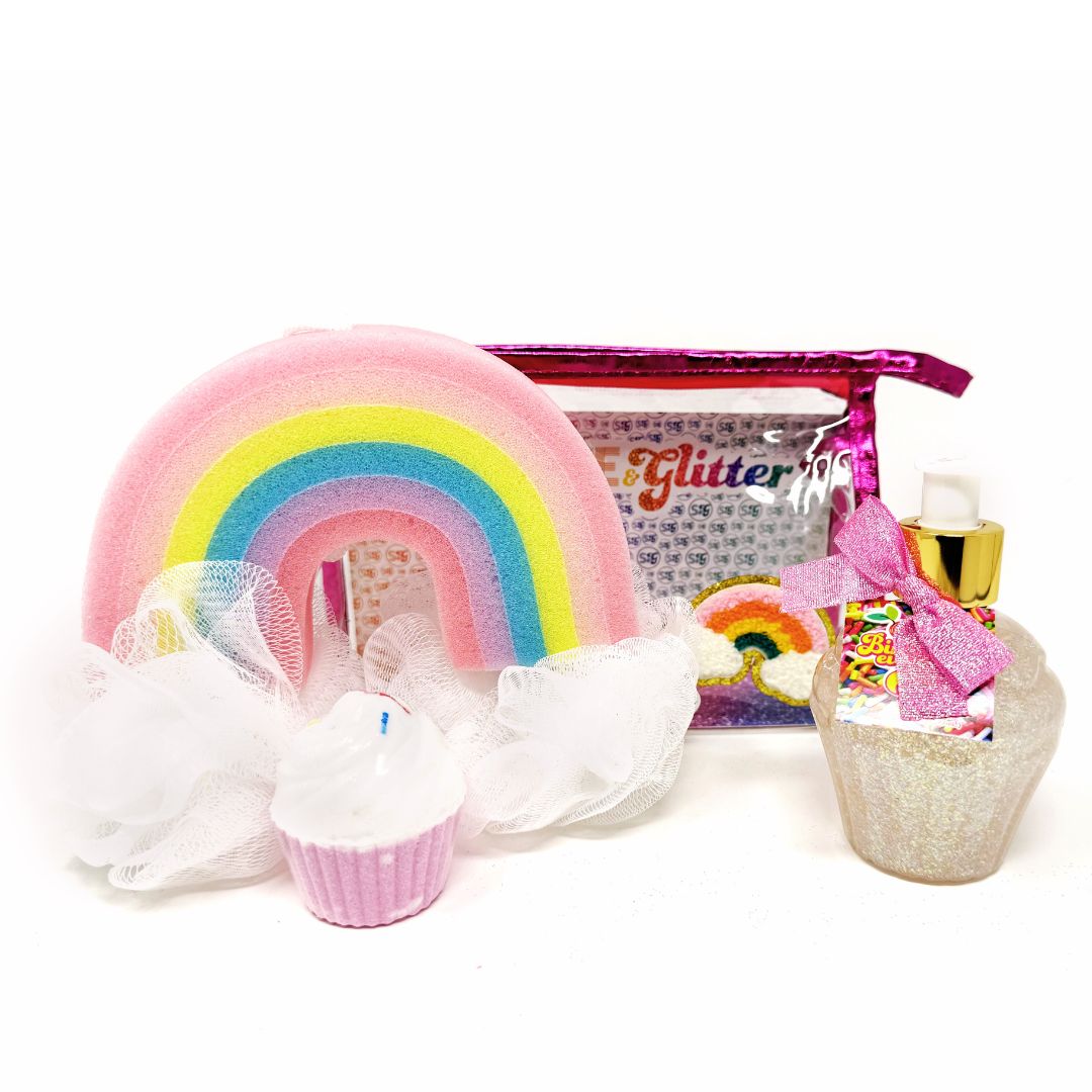 Rainbow Dreams Pink Gift Set – includes 5 oz Birthday Everyday aloe glitter cupcake, pink cupcake bath bomb, and rainbow loofah bath sponge
Rainbow Dreams Gift Set – glittery aloe lotion, pink cupcake bath bomb, and colorful rainbow loofah for a fun and relaxing bath experience
Rainbow Dreams Pink Gift Set – pampering set with glitter cupcake-scented aloe lotion, cupcake bath bomb, and rainbow loofah sponge
Rainbow Dreams Pink Gift Set – sweet self-care trio featuring glitter lotion, cupcake bath bomb, a