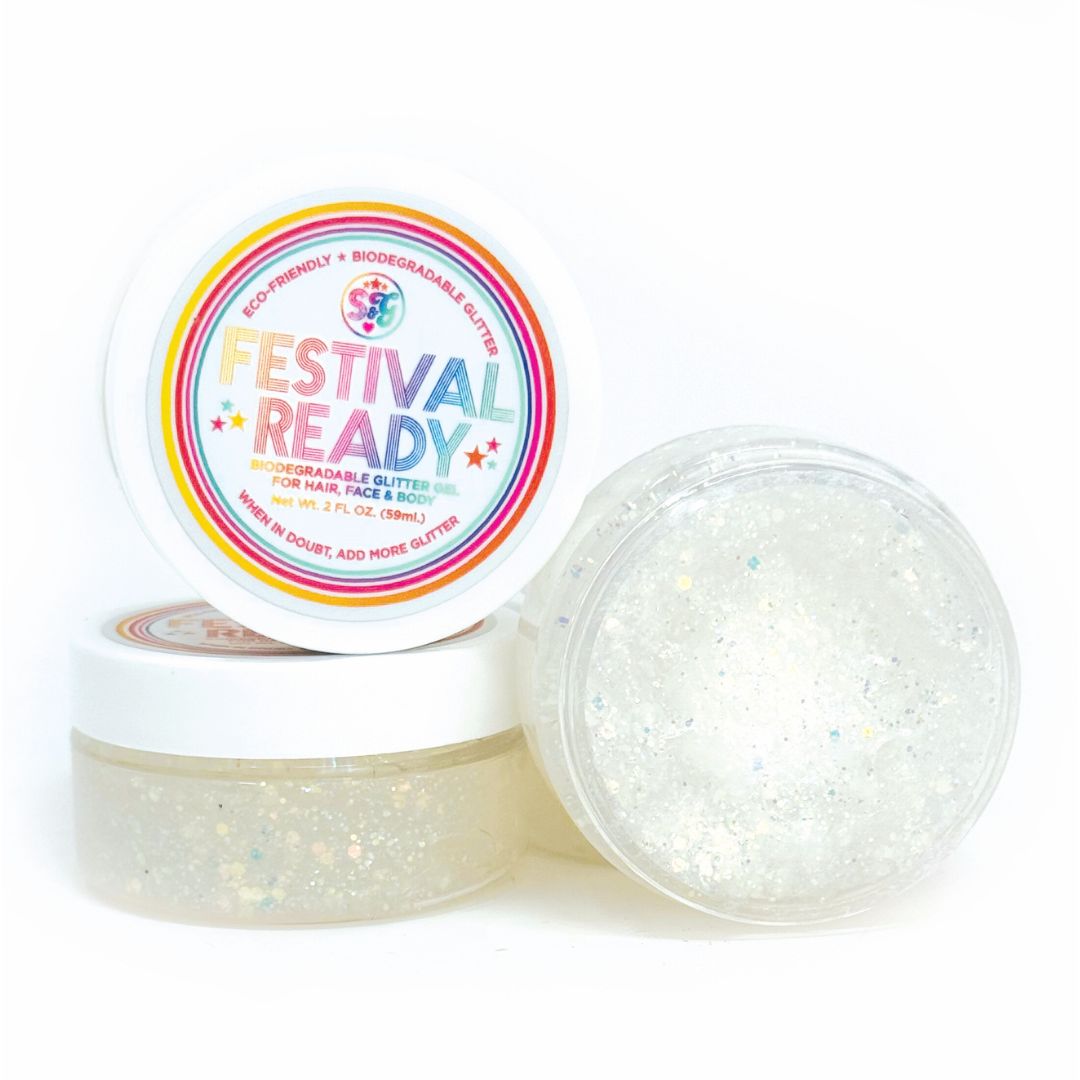 Sunshine & Glitter holographic glitter gel for face and body, 2 fl oz – vegan and cruelty-free Sunshine & Glitter glitter gel – festival makeup for face, body, and hair, 2 fl oz Sunshine & Glitter sparkle gel – long-lasting, skin-safe glitter for parties and festivals, 2 fl oz Sunshine & Glitter FESTIVAL READY glitter gel – shimmering body glitter, 2 fl oz jar