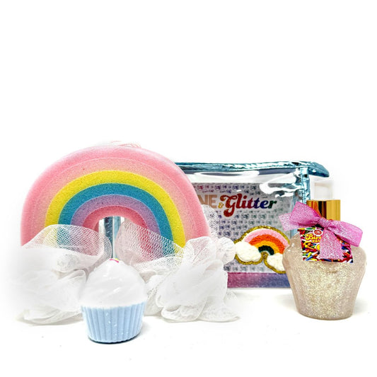 Rainbow Dreams Teal Gift Set – includes 5 oz Birthday Everyday aloe glitter cupcake, blue cupcake bath bomb, and rainbow loofah bath sponge

Rainbow Dreams Gift Set – teal-themed bath set with glitter cupcake-scented aloe lotion, blue cupcake bath bomb, and playful rainbow loofah

Rainbow Dreams Teal Gift Set – self-care trio featuring glitter lotion, blue bath bomb, and colorful rainbow loofah for a fun, relaxing bath time

Rainbow Dreams Teal Gift Set – includes glitter cupcake lotion, blue cupcake bath b