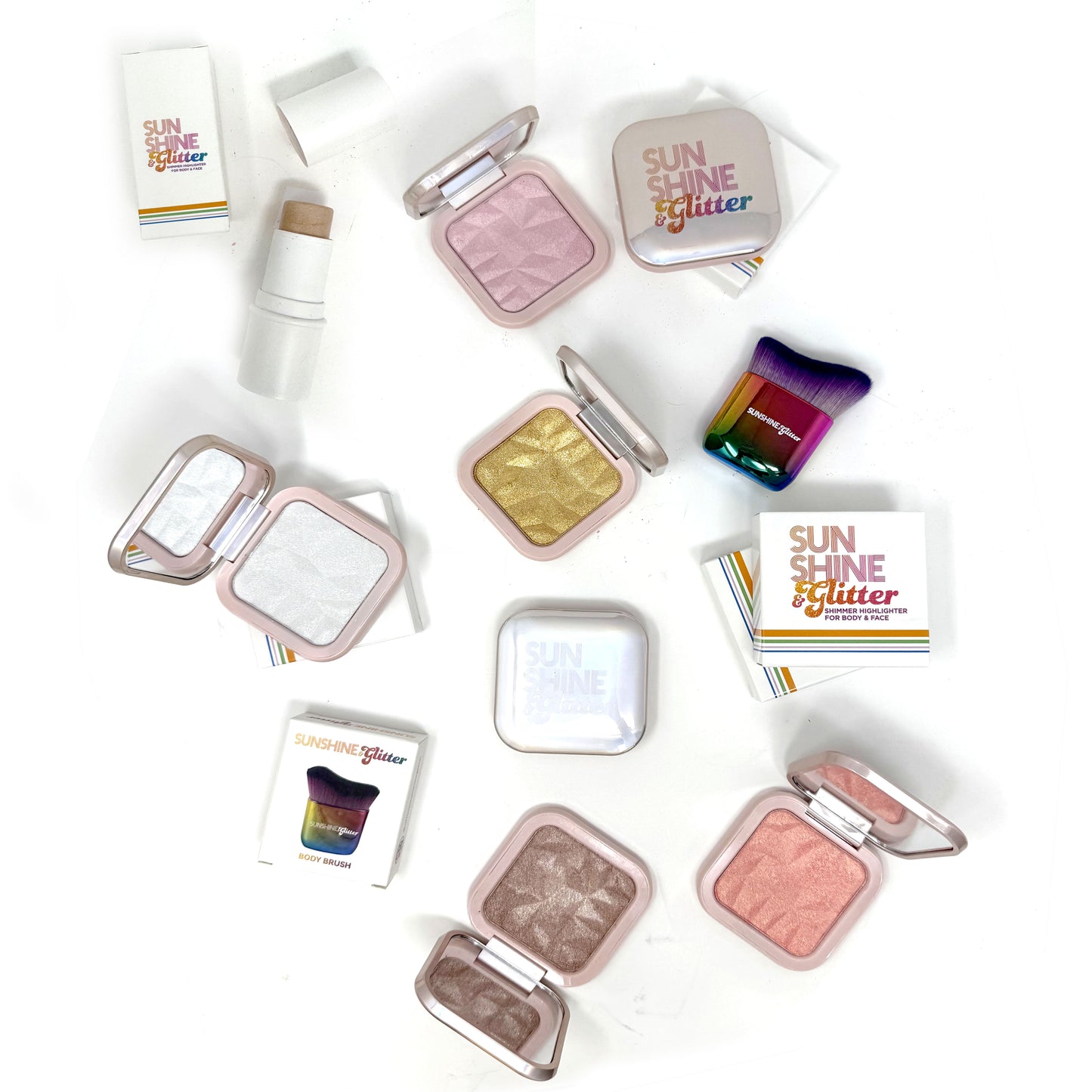 Sunshine & Glitter highlighter shimmer compact – radiant, buildable shimmer for a glowing, flawless complexion, easy-to-apply compact

Sunshine & Glitter shimmer highlighter compact – lightweight, long-lasting formula for an instant, luminous glow on face and body

Highlighter shimmer compact by Sunshine & Glitter – radiant, silky highlighter for a natural, sun-kissed glow in a convenient compact

Sunshine & Glitter highlighter shimmer compact – versatile, glowing highlighter for a flawless finish, perfect 