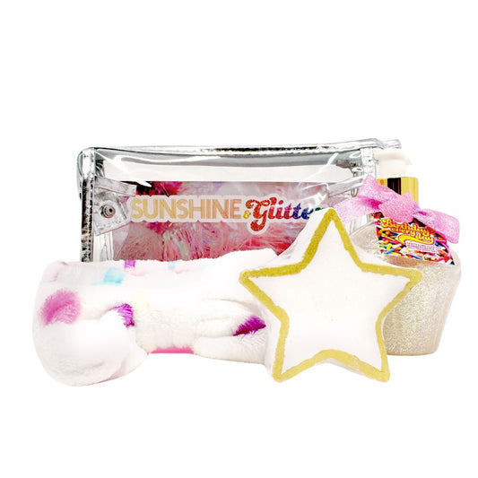 Seeing Stars Silver Gift Set – includes 5 oz Birthday Everyday aloe glitter cupcake, white and gold star bath bomb, and cozy confetti spa headband in a silver metallic cosmetic bag

Seeing Stars Gift Set – star-themed bath gift set with glitter cupcake lotion, white and gold star bath bomb, and confetti spa headband in a shiny silver bag

Seeing Stars Silver Gift Set – glittery lotion, star-shaped bath bomb, and soft confetti headband packed in a metallic silver cosmetic tote for stellar self-care

Seeing S
