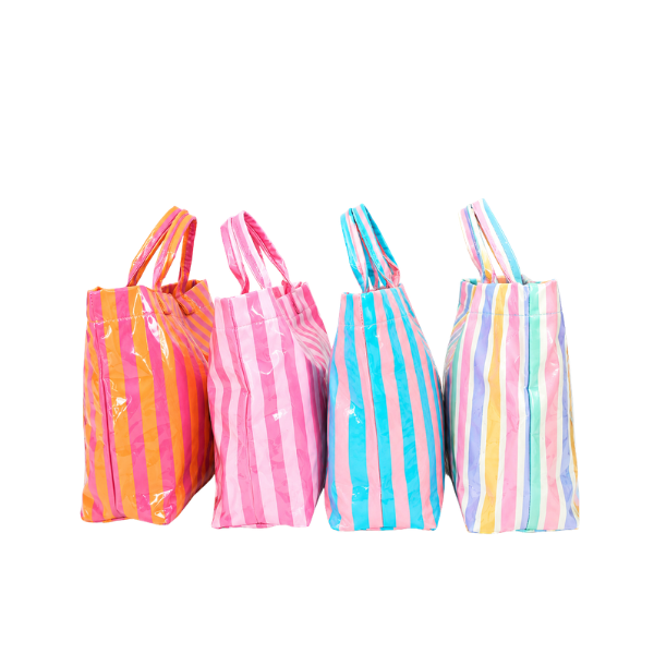 Coated Canvas Tote- Striped Rainbow Pastel