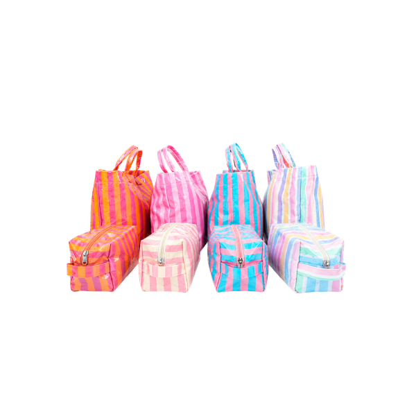 Coated Canvas Tote- Striped Rainbow Pastel